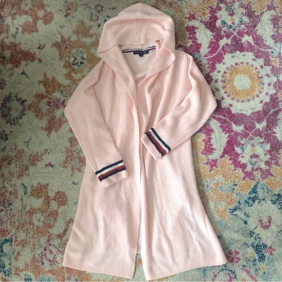 Pink Tommy Hilfiger Cardigan Long Hooded Knit Sweater Open Front Pullover Jacket - Picture 2 of 6